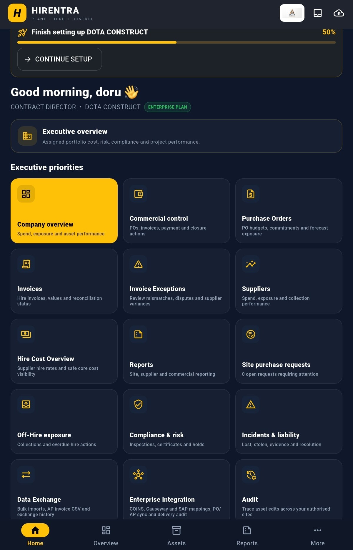 Hirentra Contract Director Android home screen with illustrative demo data