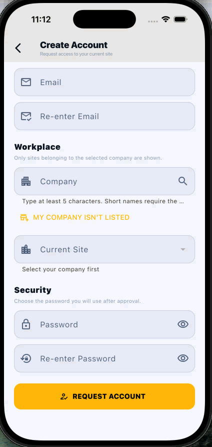 Hirentra iOS create account screen