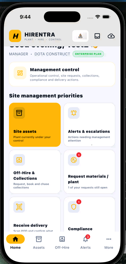 Hirentra Manager iOS home screen with illustrative demo data