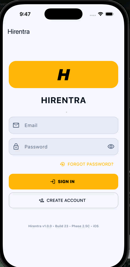 Hirentra iOS sign in screen