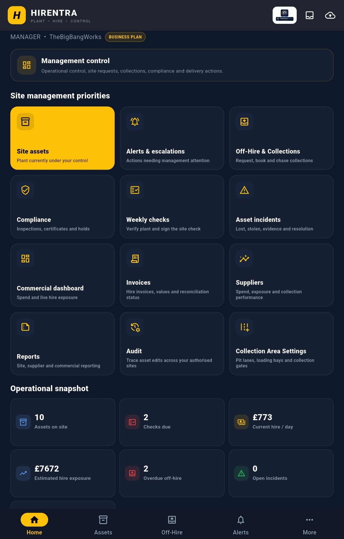 Hirentra Manager Android home screen with illustrative demo data