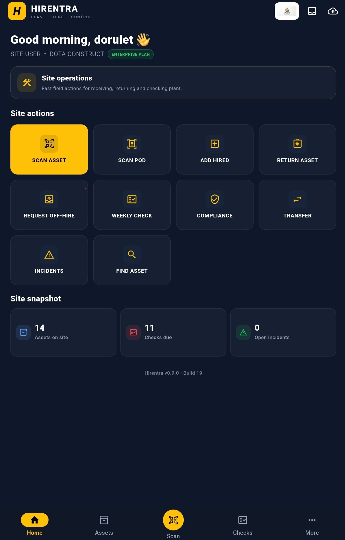 Hirentra Site User Android home screen with illustrative demo data